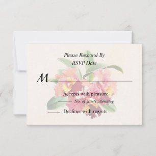 Perzik- en karmozijnrode Cattleya-orchideeën RSVP Kaartje
