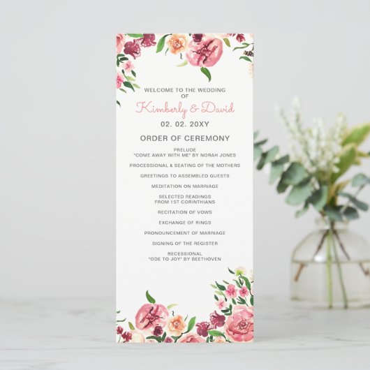 Perzik en koraal bloemen bloemenbruiloft programma programmakaart (Staand voorkant)