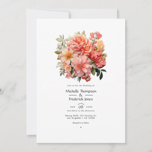Perzik en koraal bloemenbruiloft kaart (Voorkant)