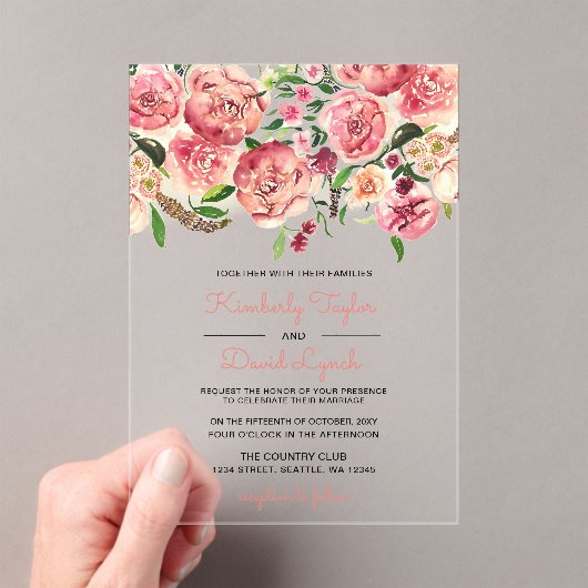 Perzik en koraalbloemen Floral bruiloft uitnodigin Acryl Uitnodigingen (Insitu (Draagbaar))