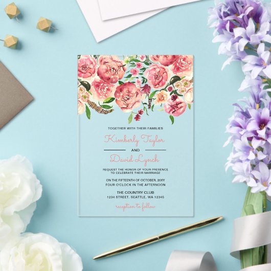 Perzik en koraalbloemen Floral bruiloft uitnodigin Acryl Uitnodigingen (Insitu (Huwelijk))