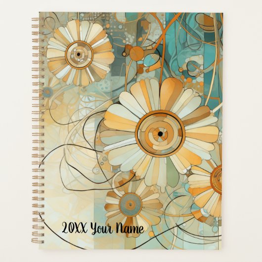 Perzik en Licht Blauwgroen Abstracte Bloemtuin Planner (Voorkant)