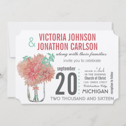 Perzik en Mint Chrysanthemum Mason Jar Wedding Kaart (Voorkant)