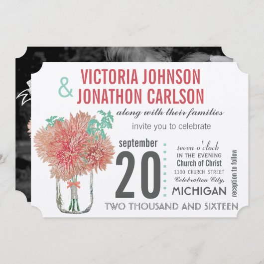 Perzik en Mint Chrysanthemum Mason Jar Wedding Kaart (Voorkant / Achterkant)