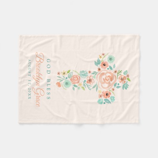 Perzik en Munt Waterverf Bloem Kruis Doop Fleece Deken (Voorkant (Horizontaal))