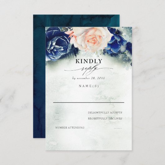 Perzik en Navy Blauw Bloemen Bruiloft RSVP (Voorkant / Achterkant)