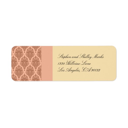 Perzik en Oranje Damask trouwadres label (Voorkant)