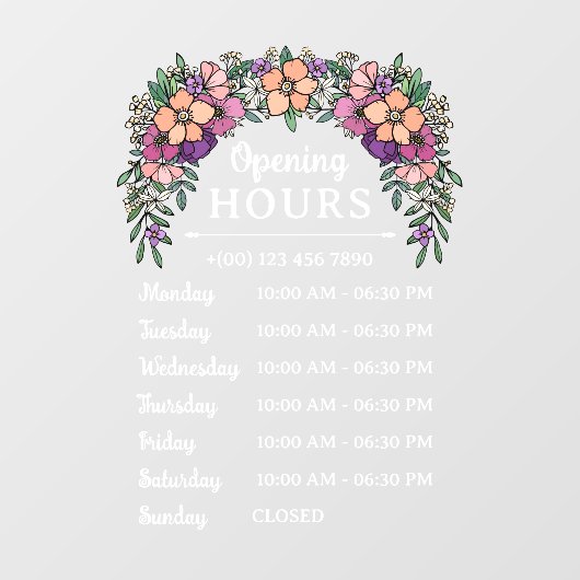  perzik en Paarse bloemen Open Uren Business Raamsticker (Vel)