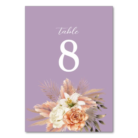 Perzik en Paarse Bloemen Trouwtafel Nummer Kaart (Voorkant)