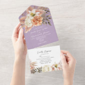 Perzik en Paarse bloemenbruiloft All In One Uitnodiging (Afscheurbaar)
