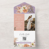 Perzik en Paarse Bloemencode QR Code Trouwuitnodig All In One Uitnodiging (Binnen)