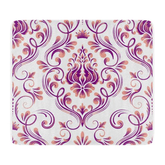 Perzik en Paarse Damask Floral Elegant Glass Snijplank (Voorkant)
