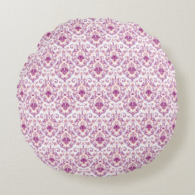 Perzik en Paarse Damask Floral Elegant Pattern Rond Kussen (Voorkant)