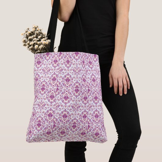 Perzik en Paarse Damask Floral Elegant Pattern Tote Bag (Dichtbij)