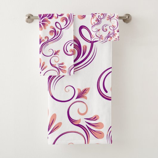 Perzik en Paarse Damask Floral Pattern Elegant Bad Handdoek (Insitu)