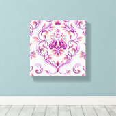 Perzik en Paarse Damask Floral Pattern Elegant Canvas Afdruk (Insitu (Houten vloer))