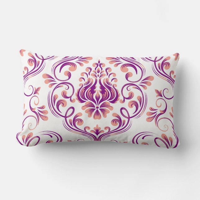 Perzik en Paarse Damask Floral Pattern Elegant Kussen (Voorkant)
