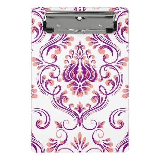 Perzik en Paarse Damask Floral Pattern Elegant Mini Klembord (Voorkant)