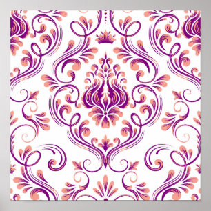 Perzik en Paarse Damask Floral Pattern Elegant Poster