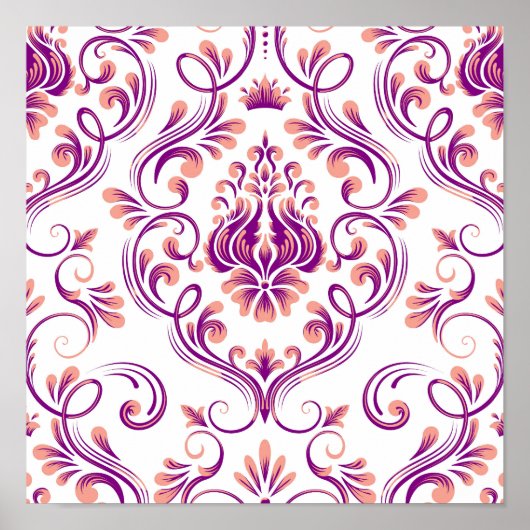 Perzik en Paarse Damask Floral Pattern Elegant Poster (Voorkant)