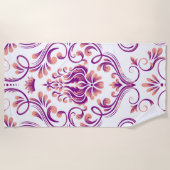 Perzik en Paarse Damask Floral Pattern Elegant Strandlaken (Voorkant)