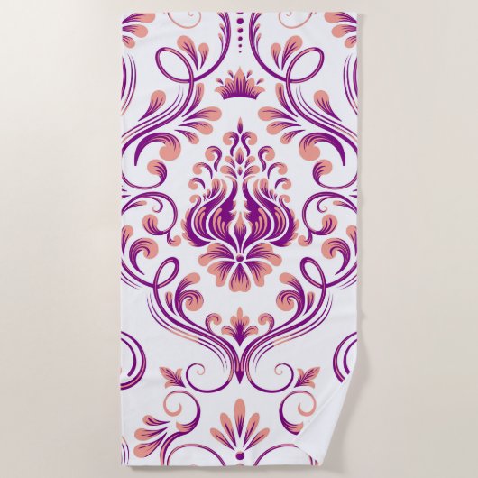 Perzik en Paarse Damask Floral Pattern Elegant Strandlaken (Voorkant)