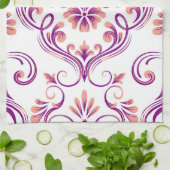 Perzik en Paarse Damask Floral Pattern Elegant Theedoek (Gevouwen)