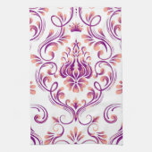 Perzik en Paarse Damask Floral Pattern Elegant Theedoek (Verticaal)
