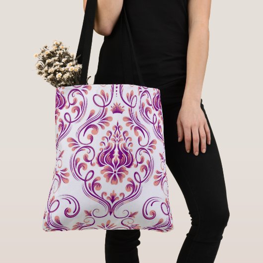 Perzik en Paarse Damask Floral Pattern Elegant Tote Bag (Dichtbij)