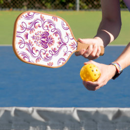 Perzik en Paarse Damask Floral Pickleball Paddle