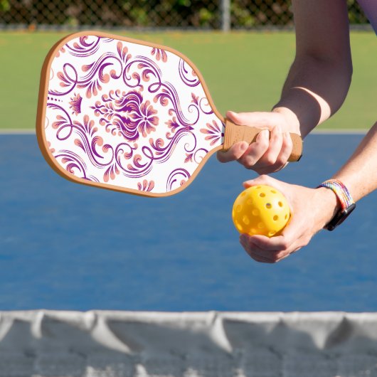 Perzik en Paarse Damask Floral Pickleball Paddle (Insitu)