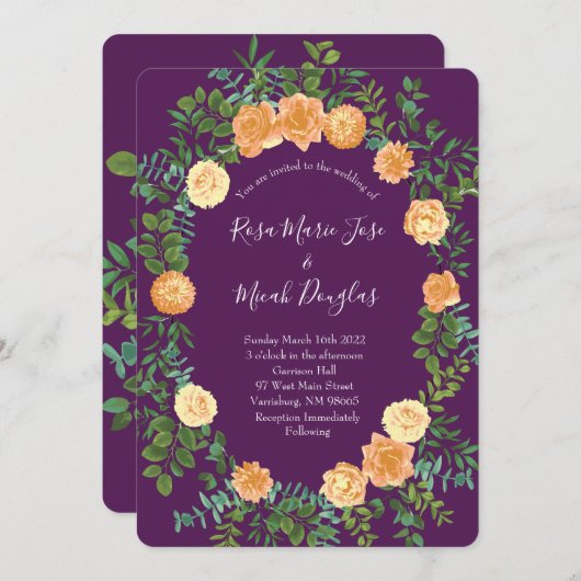 Perzik en Plum Paars Peony en Roos Floral Wedding Kaart (Voorkant / Achterkant)