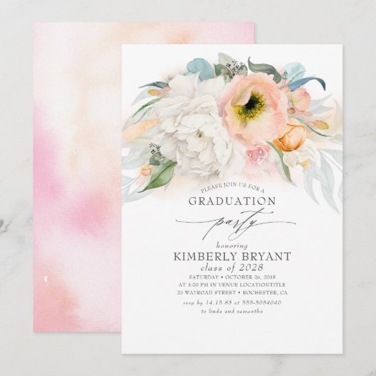 Perzik en Roze Bloemen Elegant Stijlvol Afstuderen Kaart (Voorkant / Achterkant)