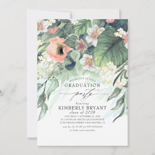 Perzik en Roze Bloemen Elegant Stijlvol Afstuderen Kaart (Voorkant)