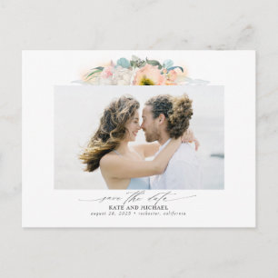 Perzik en roze bloemen opslaan de datum foto aankondigingskaart