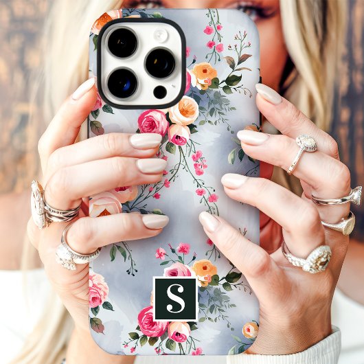 Perzik en roze monogram bloemen Case-Mate iPhone case