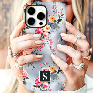 Perzik en Roze Monogram Bloemmotief iPhone 16 Pro Max Hoesje
