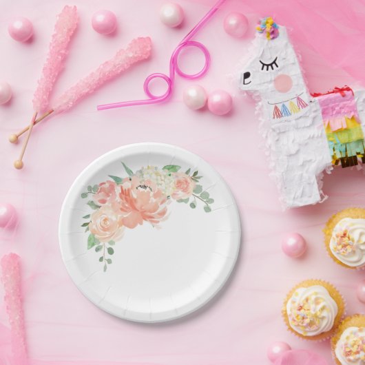Perzik en Roze Pastel Waterverf Bloemen Papieren Bordje (Feest)