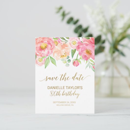 Perzik en Roze Peony Flowers 80th Birthday Save The Date (Staand voorkant)