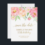 Perzik en Roze Peony Flowers 80th Birthday Save The Date<br><div class="desc">Deze perzik en roze pony bloemen 80e verjaardag, maar de datum is perfect voor een elegante mijlpaal verjaardagsfeestje. Het bloemontwerp is voorzien van een prachtige constructie van waterverf pinda's in tinten van blozen en koraal, gekoppeld aan de gouden kalligrafie van de dainty faux folie. Opmerking: dit ontwerp is niet voorzien...</div>