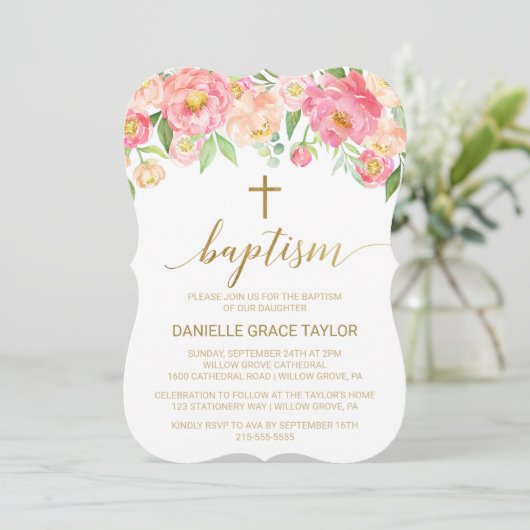 Perzik en Roze Peony Flowers Baptisme Kaart (Staand voorkant)