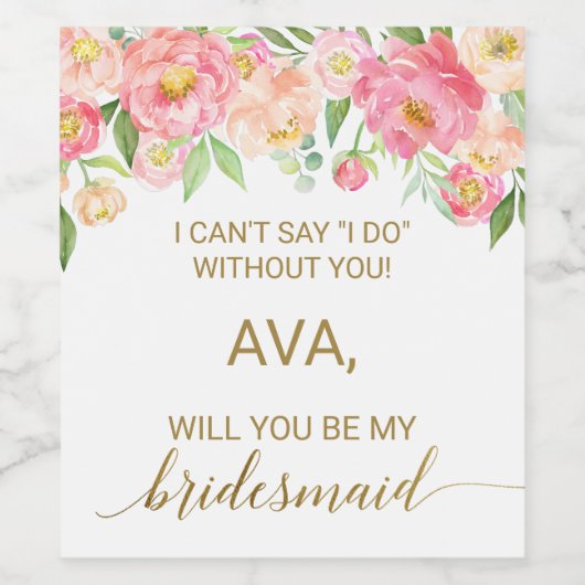 Perzik en Roze Peony Flowers Bridesmaid Voorstel Wijn Etiket (Enkel label)