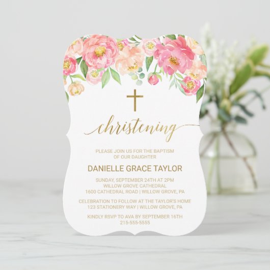 Perzik en Roze Peony Flowers Christening Kaart (Staand voorkant)