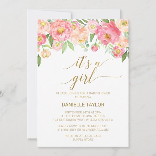 Perzik en Roze Peony Flowers Het is een meisje Kaart (Voorkant)