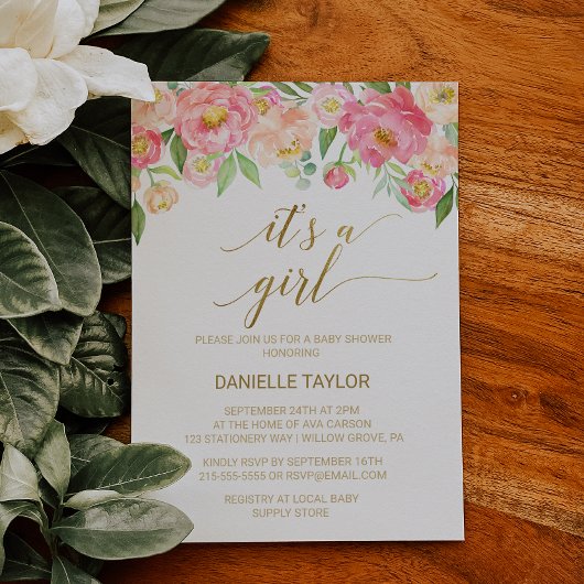 Perzik en Roze Peony Flowers Het is een meisje Kaart