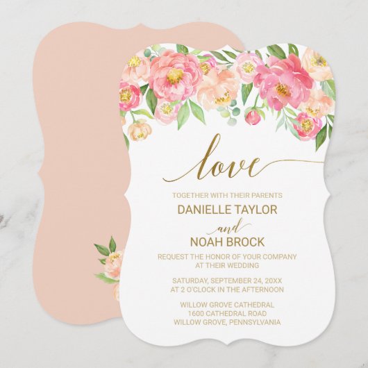Perzik en Roze Peony Flowers "Love" Weddenschap Kaart (Voorkant / Achterkant)