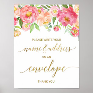 Perzik en Roze Pioen Adres op een Envelop Bordje Poster