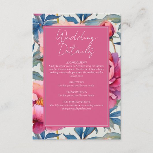 Perzik- en Roze Pioen Bloemen Bruiloft Informatiekaartje (Voorkant)