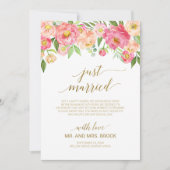 Perzik en roze pioen bloemen net getrouwd huwelijk aankondiging (Voorkant)
