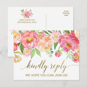 Perzik- en Roze Pioenbloemen RSVP Uitnodiging Briefkaart